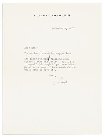 SONDHEIM, STEPHEN. Small archive of 7 Typed Letters Signed, "Steve" or "Stephen Sondheim" or "S," to press agent Daniel Langen or OCEE